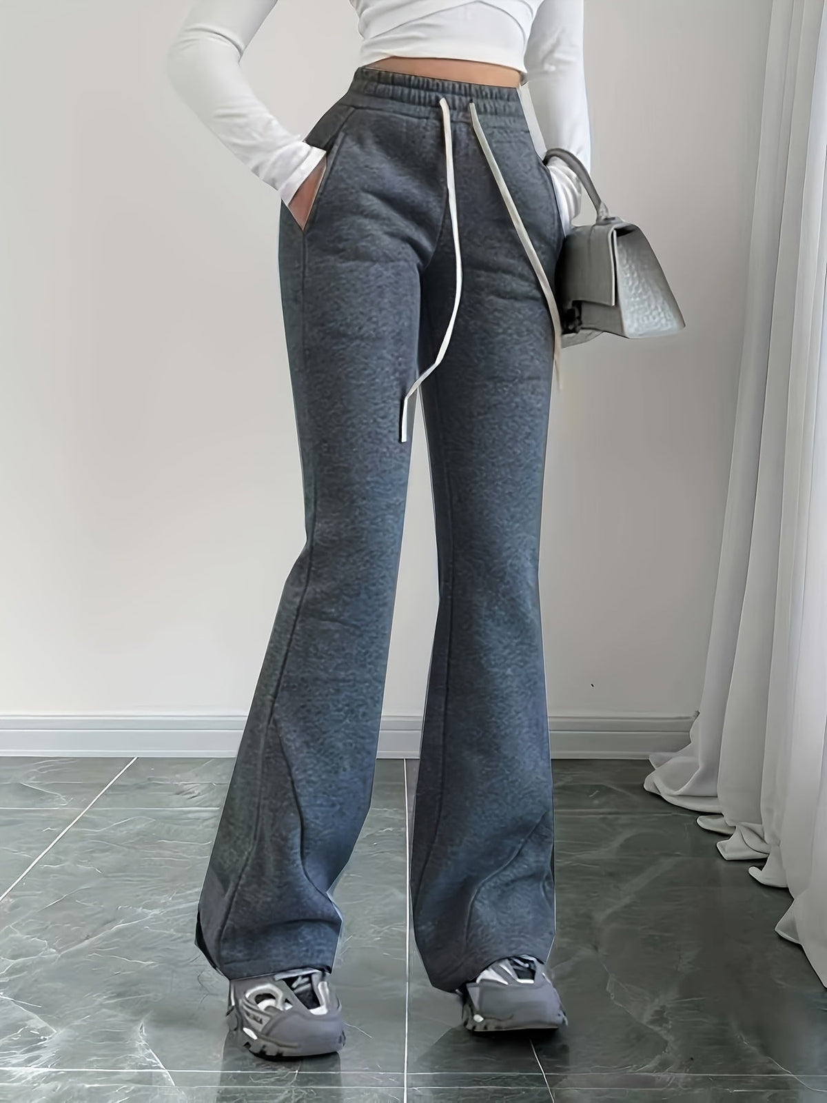 Flared Lounge Pants High-Waist Drawstring Women's – Casual, Everyday Comfort · Faylori