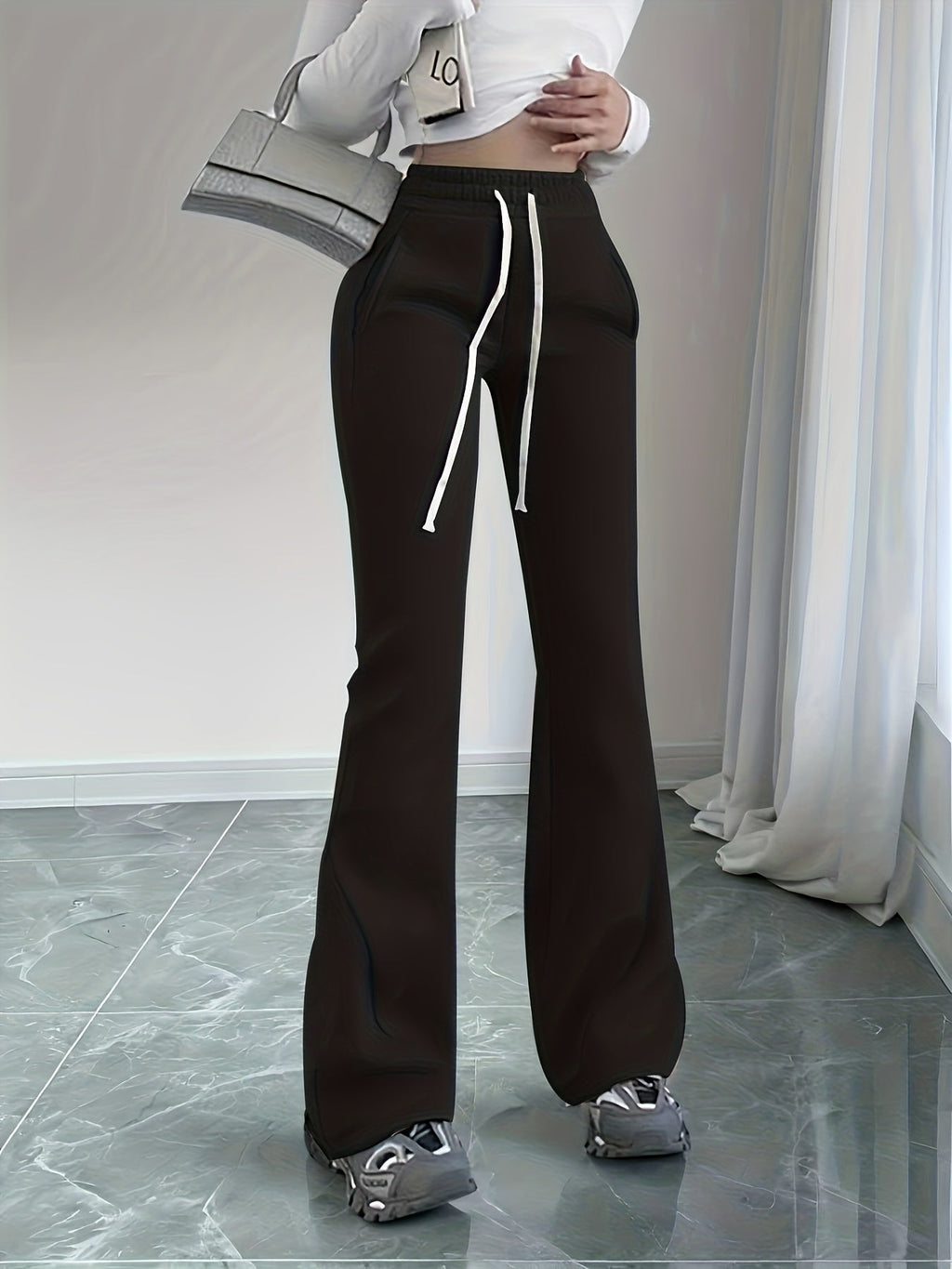 Flared Lounge Pants High-Waist Drawstring Women's – Casual, Everyday Comfort · Faylori
