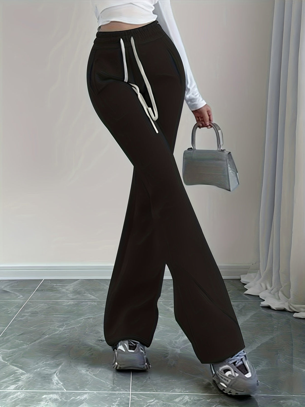 Flared Lounge Pants High-Waist Drawstring Women's – Casual, Everyday Comfort · Faylori