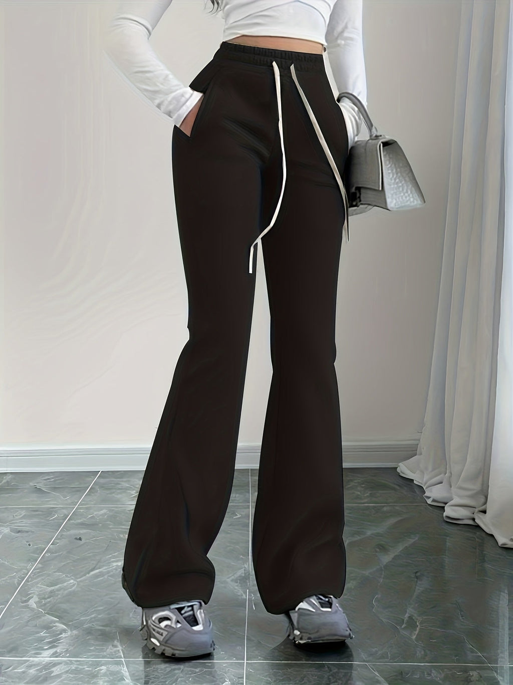 Flared Lounge Pants High-Waist Drawstring Women's – Casual, Everyday Comfort · Faylori