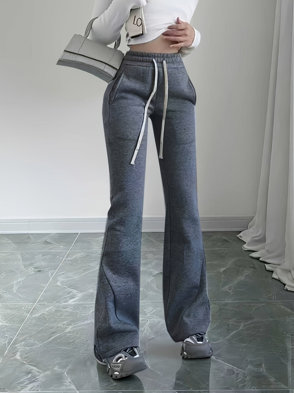 Flared Lounge Pants High-Waist Drawstring Women's – Casual, Everyday Comfort · Faylori
