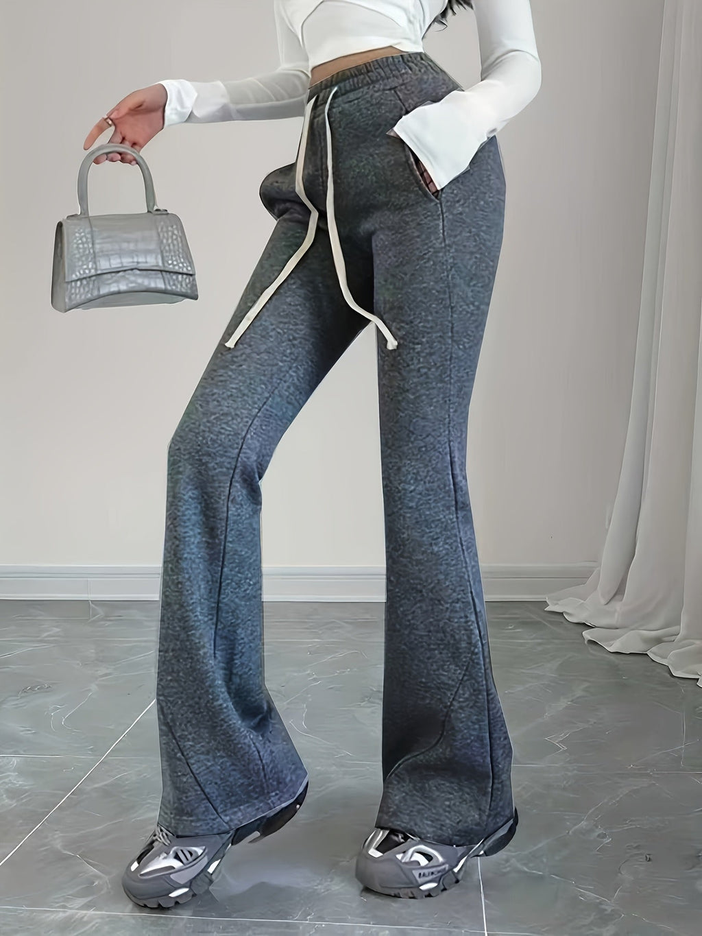 Flared Lounge Pants High-Waist Drawstring Women's – Casual, Everyday Comfort · Faylori