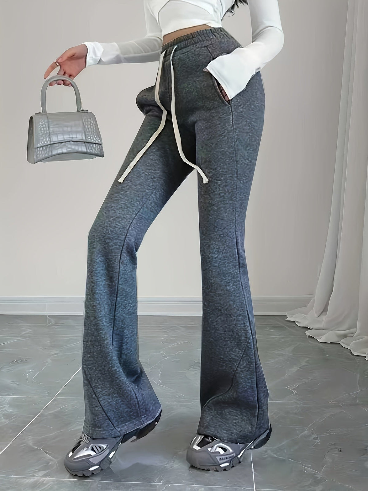 Flared Lounge Pants High-Waist Drawstring Women's – Casual, Everyday Comfort · Faylori