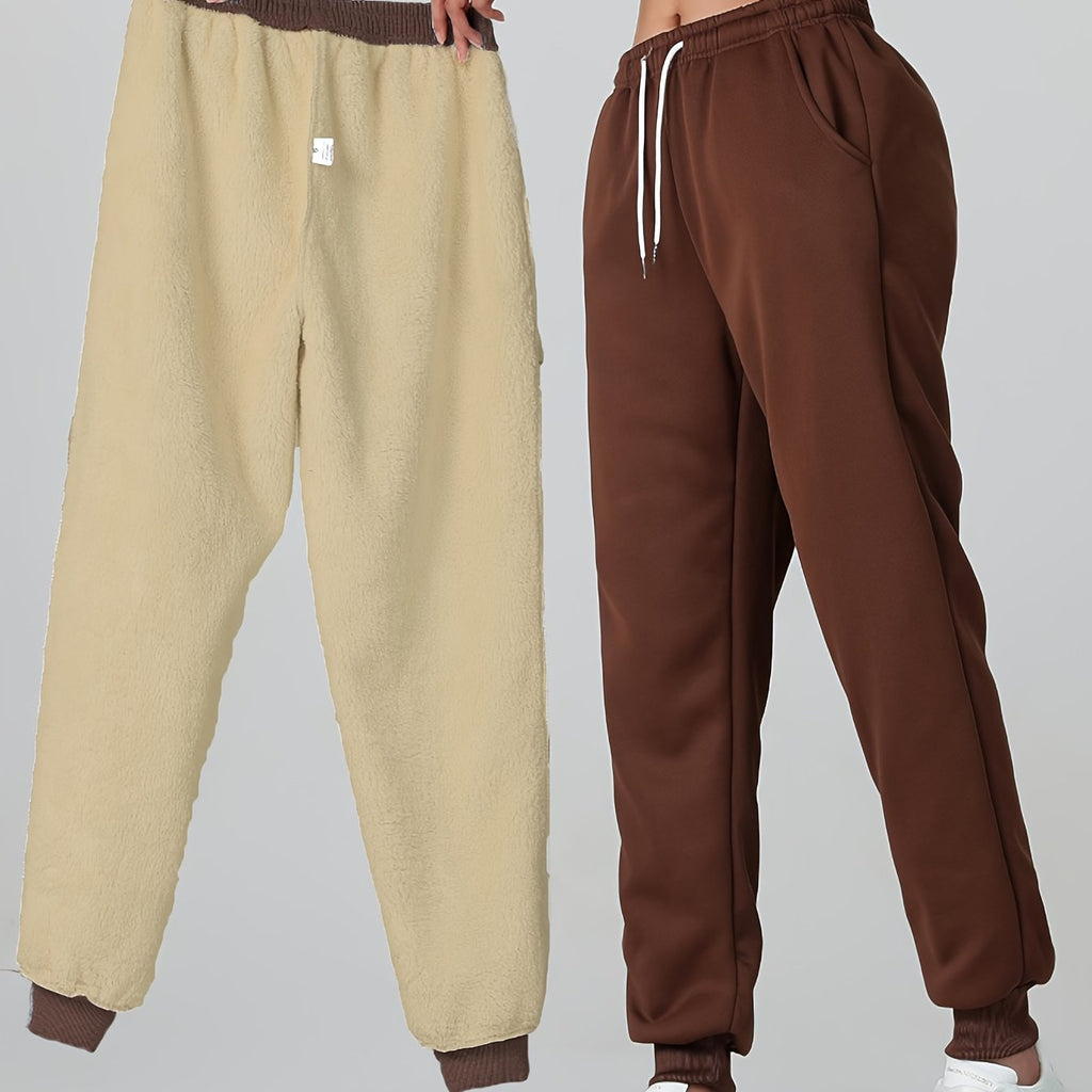 Fleece Cuffed Joggers Women's Drawstring Sweatpants Elastic Waist – Casual, Home Loungewear, Gift