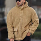 Fleece Hooded Jacket Men's Sherpa Denim Patchwork Coat – Casual, Winter, Streetwear Outerwear