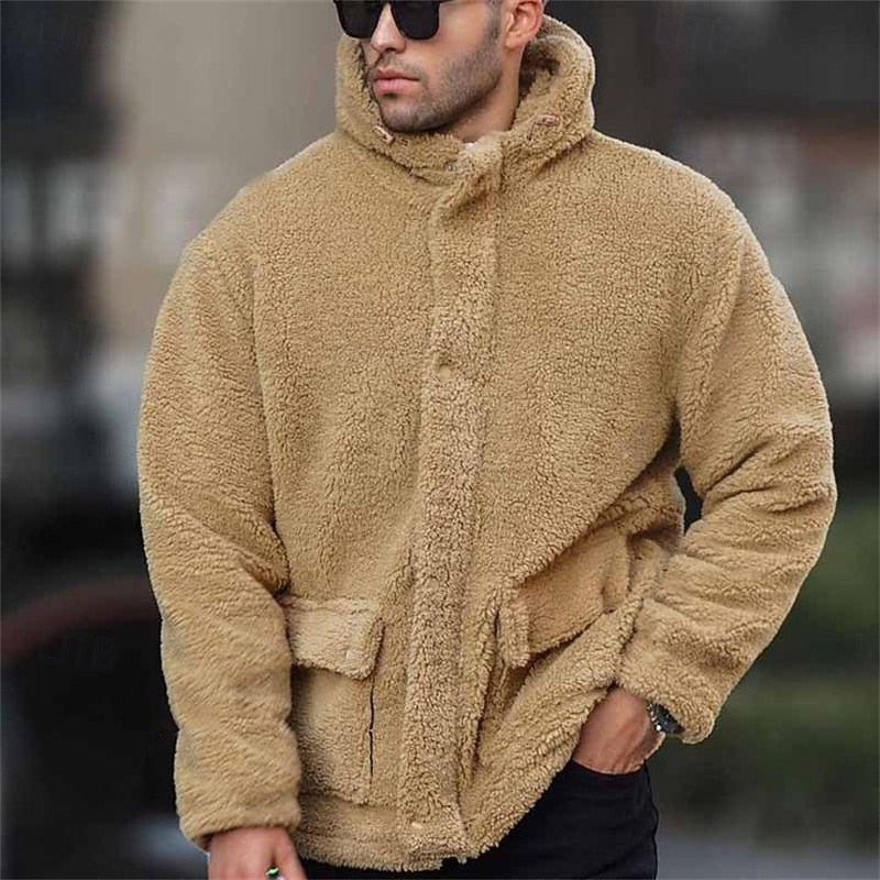 Fleece Hooded Jacket Men's Sherpa Denim Patchwork Coat – Casual, Winter, Streetwear Outerwear