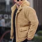 Fleece Hooded Jacket Men's Sherpa Denim Patchwork Coat – Casual, Winter, Streetwear Outerwear
