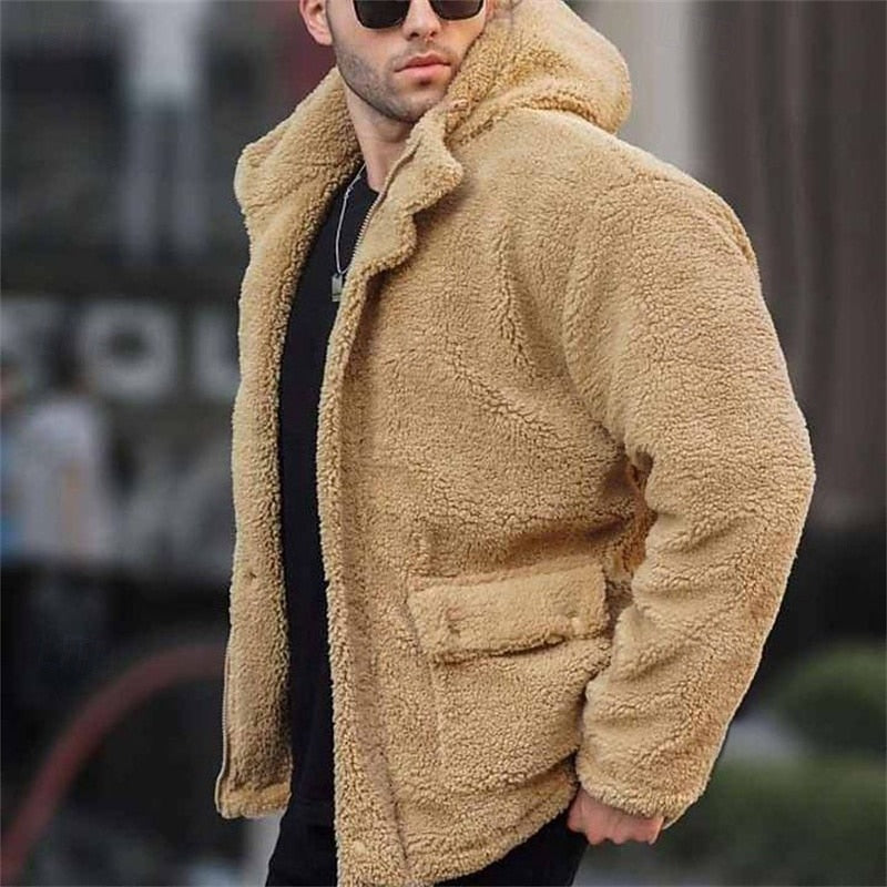Fleece Hooded Jacket Men's Sherpa Denim Patchwork Coat – Casual, Winter, Streetwear Outerwear