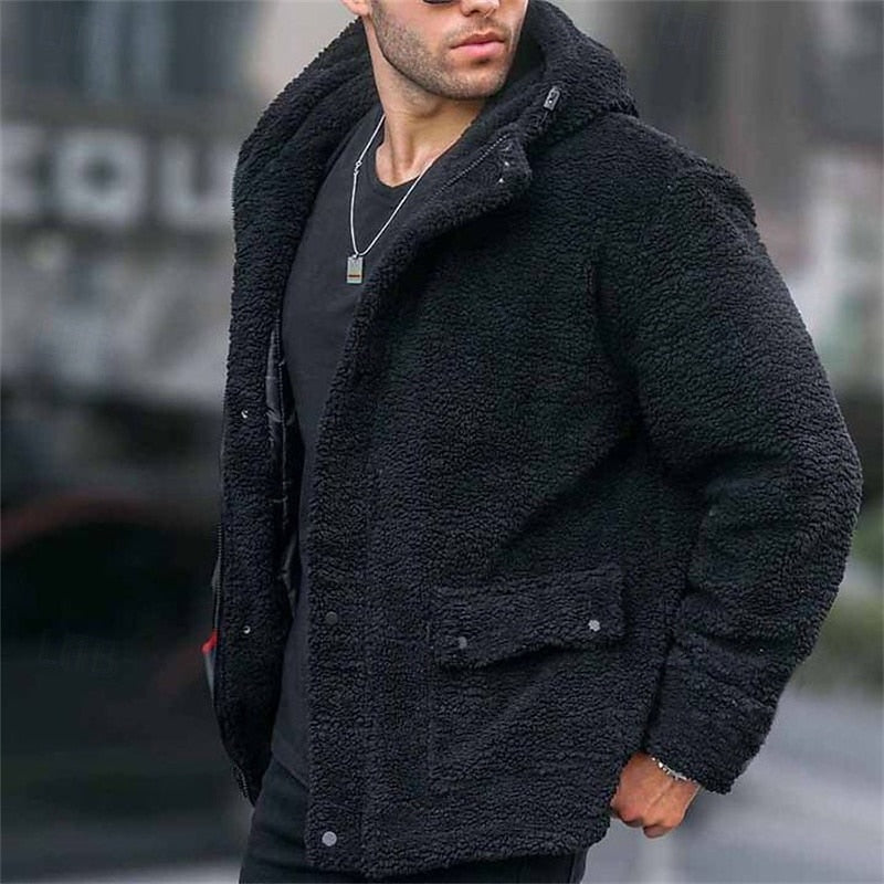 Fleece Hooded Jacket Men's Sherpa Denim Patchwork Coat – Casual, Winter, Streetwear Outerwear