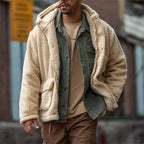 Fleece Hooded Jacket Men's Sherpa Denim Patchwork Coat – Casual, Winter, Streetwear Outerwear