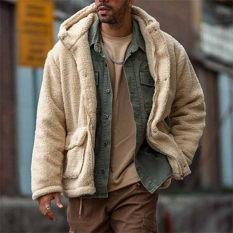 Fleece Hooded Jacket Men's Sherpa Denim Patchwork Coat – Casual, Winter, Streetwear Outerwear