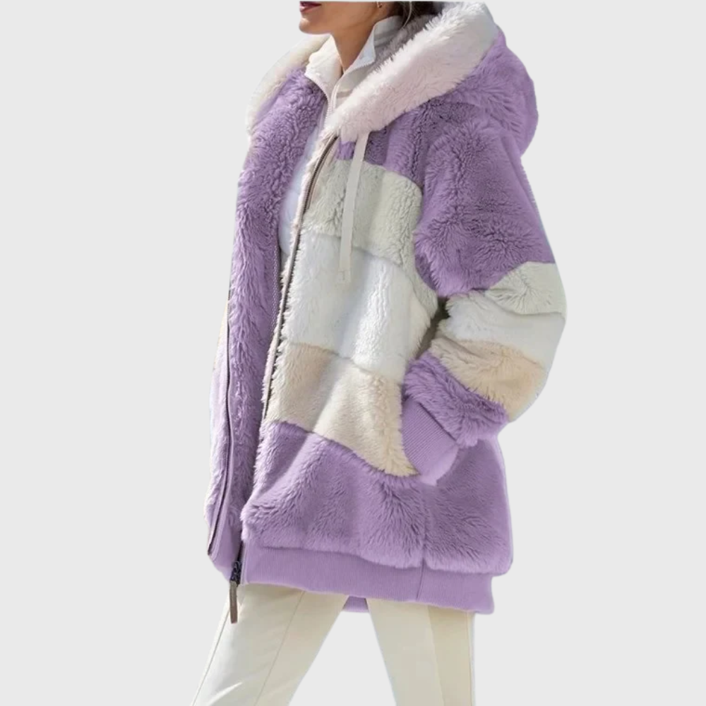 Fleece Hooded Jacket Women's Color Block Zip-Up Warm Coat – Casual, Winter · Faylori