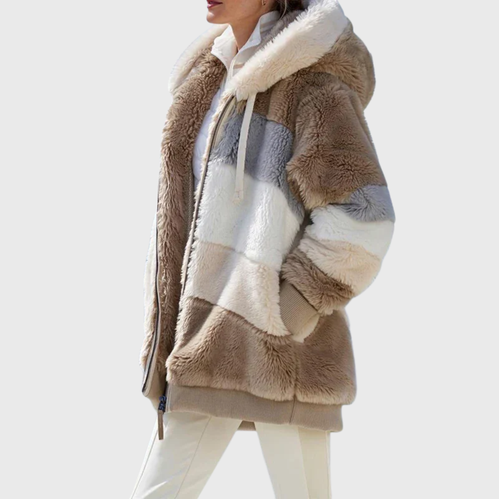Fleece Hooded Jacket Women's Color Block Zip-Up Warm Coat – Casual, Winter · Faylori