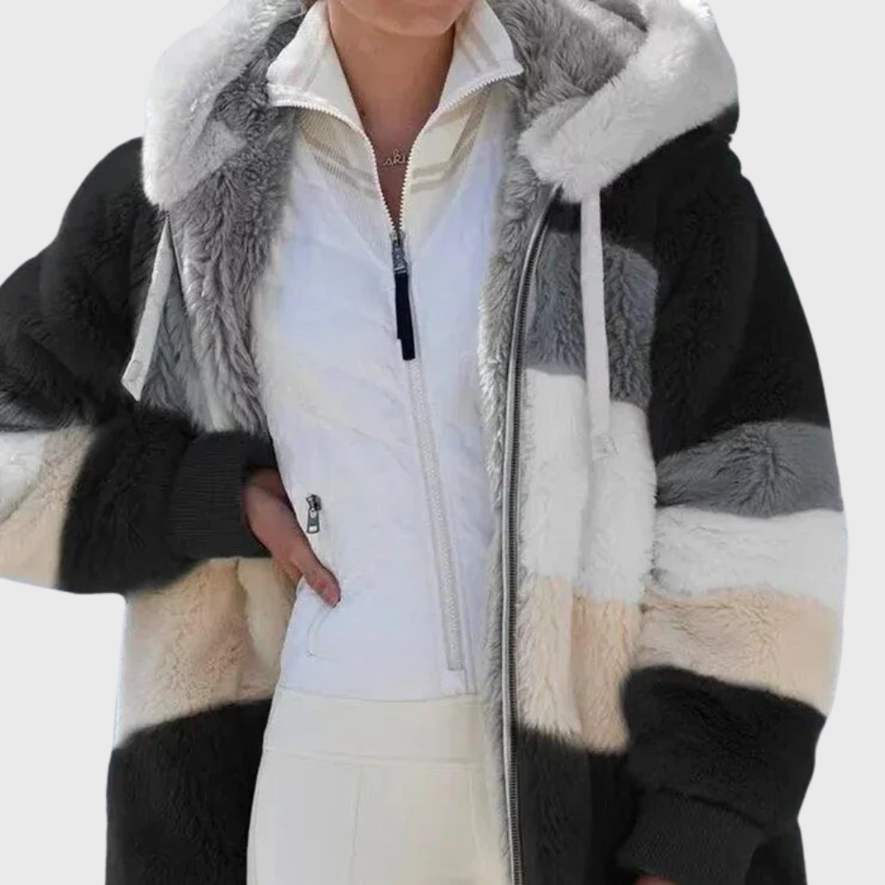 Fleece Hooded Jacket Women's Color Block Zip-Up Warm Coat – Casual, Winter · Faylori