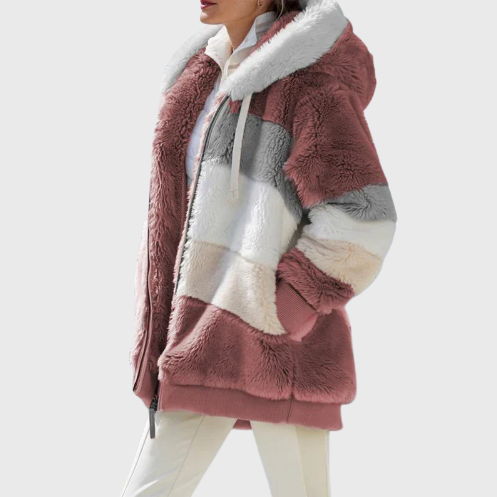 Fleece Hooded Jacket Women's Color Block Zip-Up Warm Coat – Casual, Winter · Faylori