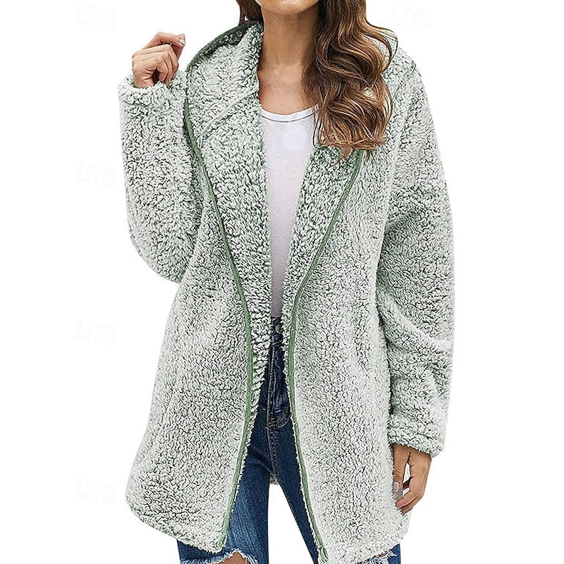 Fleece Hooded Jacket Women's Long Sleeve Open Front Fuzzy Coat – Casual, Winter · Faylori