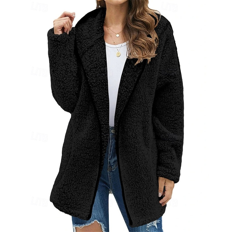Fleece Hooded Jacket Women's Long Sleeve Open Front Fuzzy Coat – Casual, Winter · Faylori