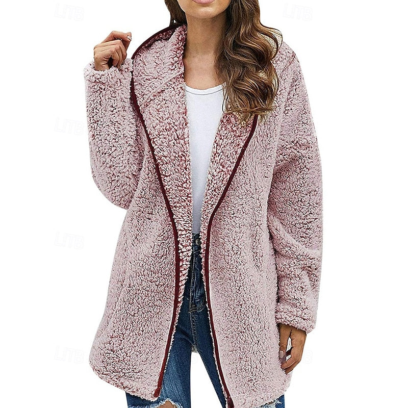 Fleece Hooded Jacket Women's Wine Red Long Sleeve Open Front Coat – Casual, Winter, Gift