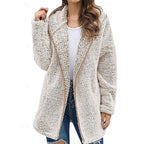 Fleece Hooded Jacket Women's Wine Red Long Sleeve Open Front Coat – Casual, Winter, Gift