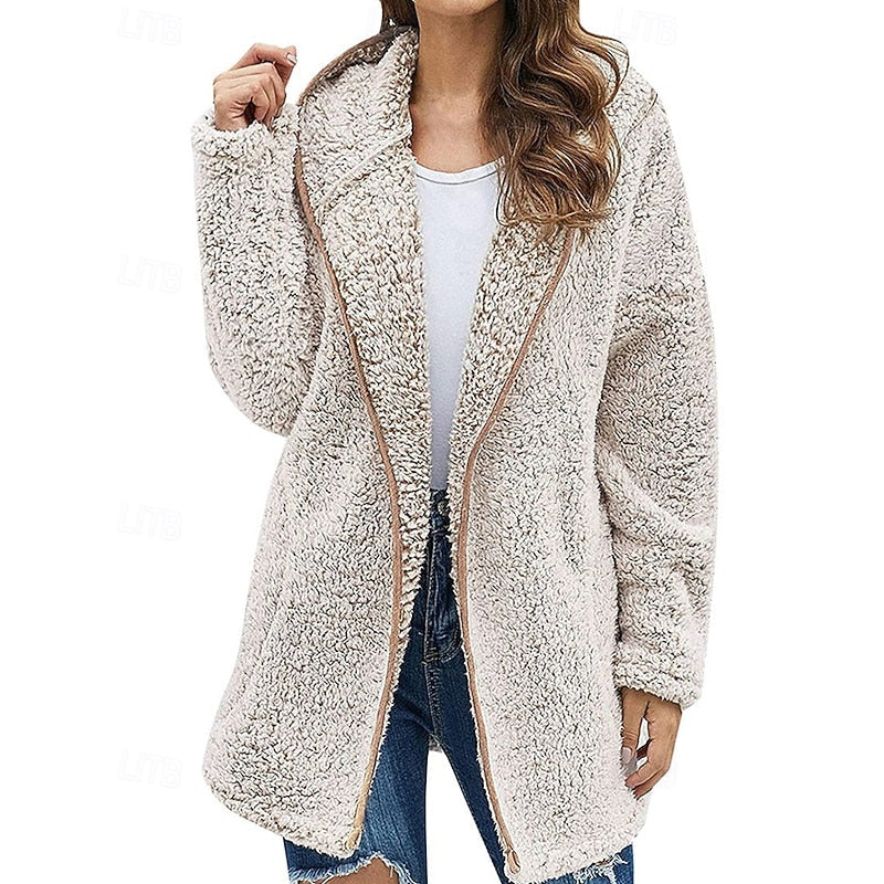 Fleece Hooded Jacket Women's Wine Red Long Sleeve Open Front Coat – Casual, Winter, Gift