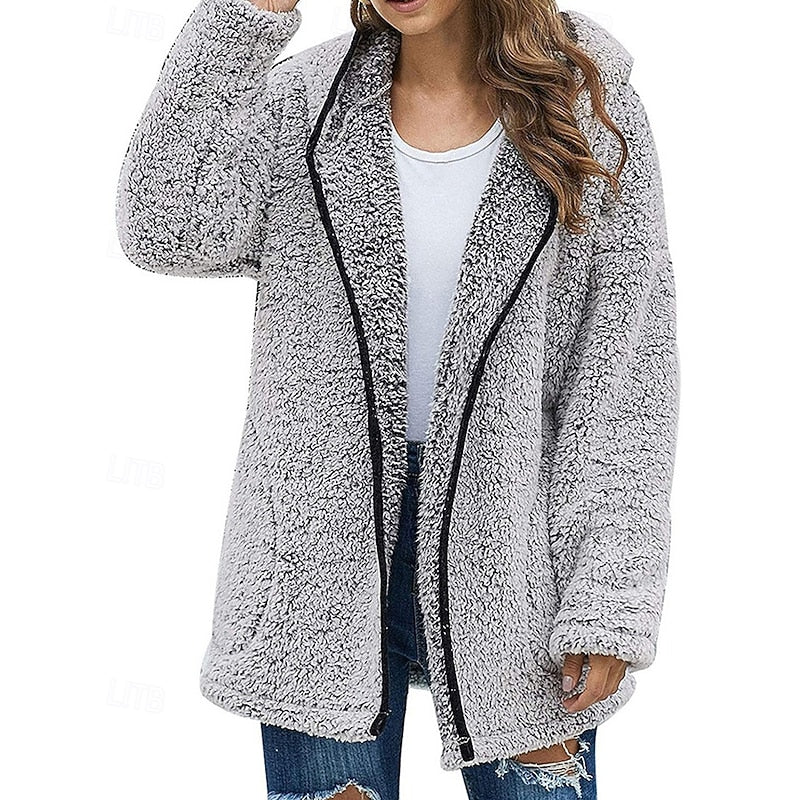 Fleece Hooded Jacket Women's Wine Red Long Sleeve Open Front Coat – Casual, Winter, Gift