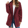 Fleece Hooded Jacket Women's Wine Red Long Sleeve Open Front Coat – Casual, Winter, Gift