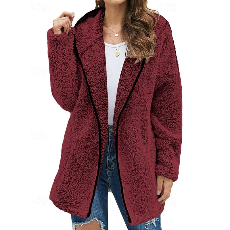 Fleece Hooded Jacket Women's Wine Red Long Sleeve Open Front Coat – Casual, Winter, Gift