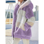 Fleece Hooded Zip-Up Jacket Women's Color Block Green Drawstring Hood – Casual, Winter, Everyday