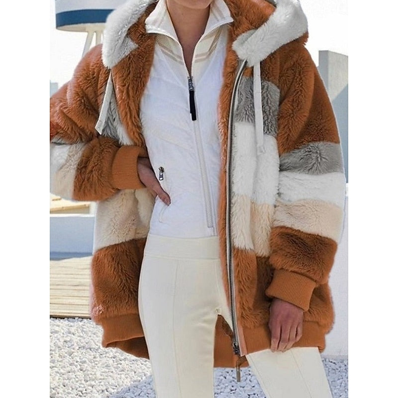 Fleece Hooded Zip-Up Jacket Women's Color Block Green Drawstring Hood – Casual, Winter, Everyday