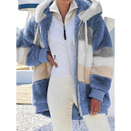 Fleece Hooded Zip-Up Jacket Women's Color Block Green Drawstring Hood – Casual, Winter, Everyday