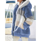 Fleece Hooded Zip-Up Jacket Women's Color Block Green Drawstring Hood – Casual, Winter, Everyday