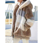 Fleece Hooded Zip-Up Jacket Women's Color Block Green Drawstring Hood – Casual, Winter, Everyday