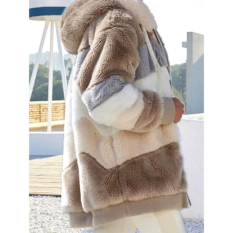 Fleece Hooded Zip-Up Jacket Women's Color Block Green Drawstring Hood – Casual, Winter, Everyday