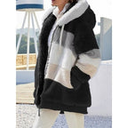 Fleece Hooded Zip-Up Jacket Women's Color Block Green Drawstring Hood – Casual, Winter, Everyday