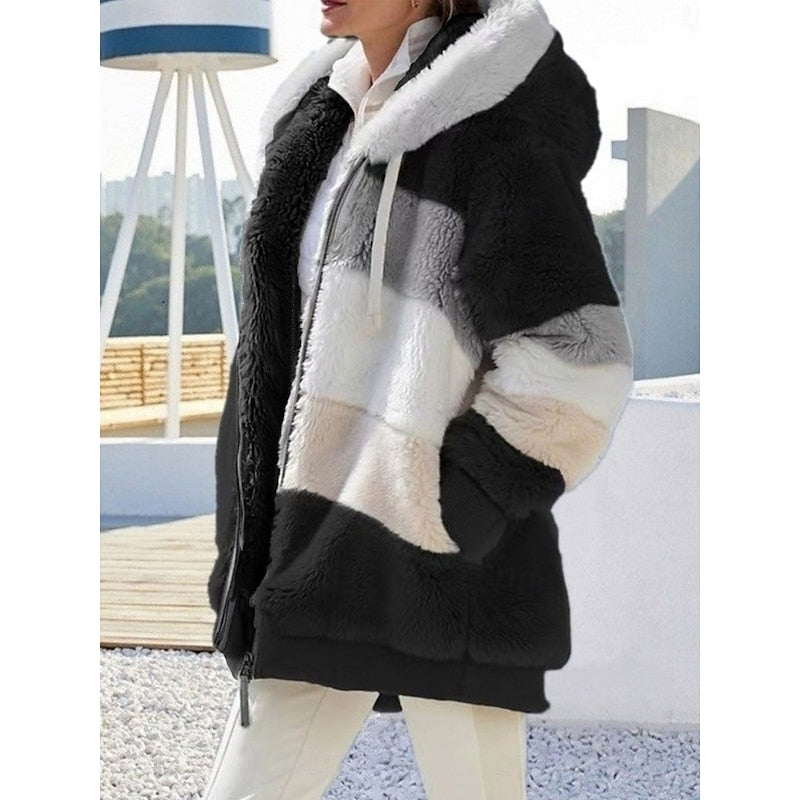 Fleece Hooded Zip-Up Jacket Women's Color Block Green Drawstring Hood – Casual, Winter, Everyday