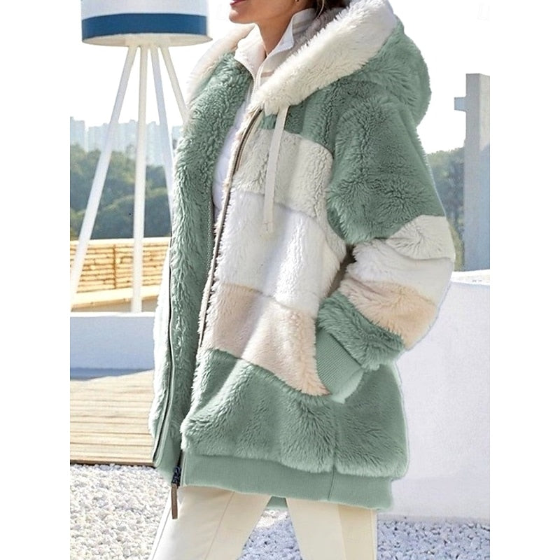 Fleece Hooded Zip-Up Jacket Women's Color Block Green Drawstring Hood – Casual, Winter, Everyday