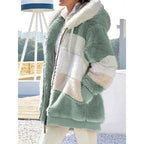 Fleece Hooded Zip-Up Jacket Women's Color Block Green Drawstring Hood – Casual, Winter, Everyday