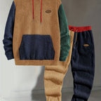 Fleece Hoodie and Jogger Set Men's Color-Block Kangaroo Pocket Tracksuit – Casual, Loungewear