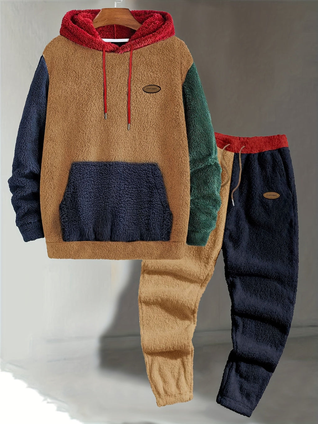 Fleece Hoodie and Jogger Set Men's Color-Block Kangaroo Pocket Tracksuit – Casual, Loungewear