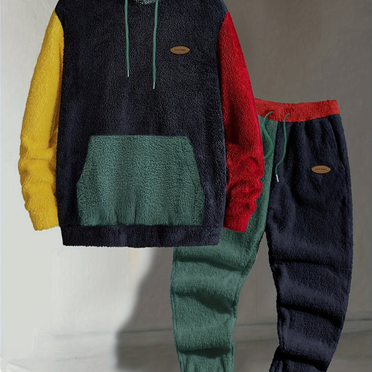 Fleece Hoodie and Jogger Set Men's Color-Block Kangaroo Pocket Tracksuit – Casual, Loungewear