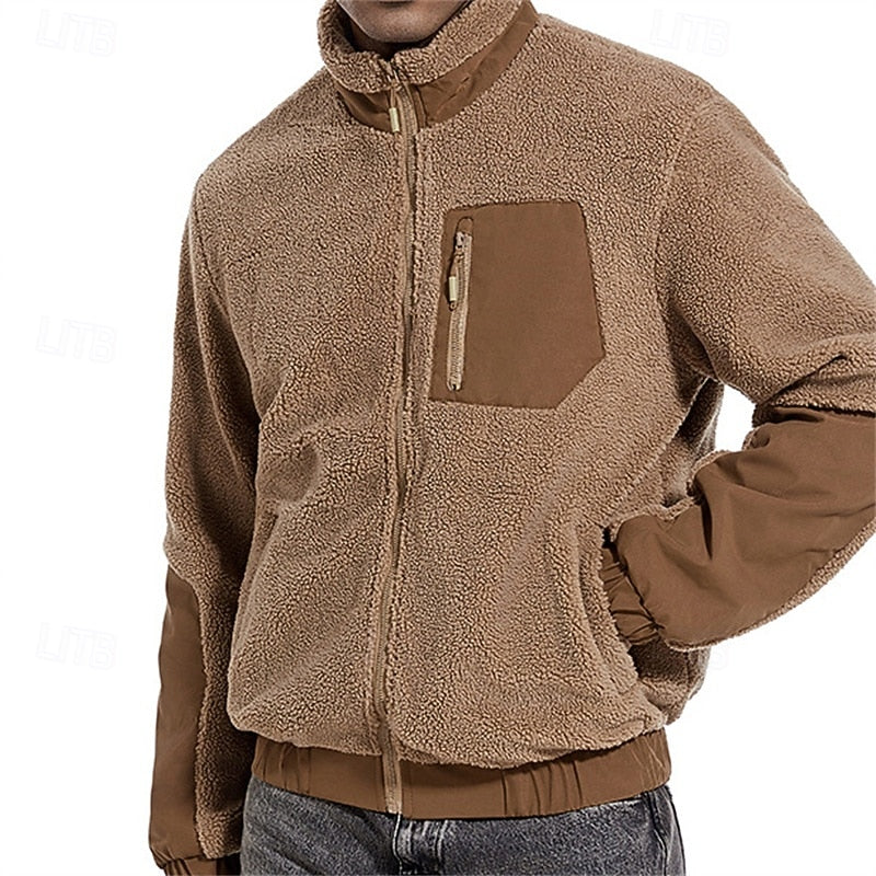 Fleece Jacket Men's Full-Zip Stand Collar Sherpa Coat with Zip Pocket – Casual, Outdoor Warmth