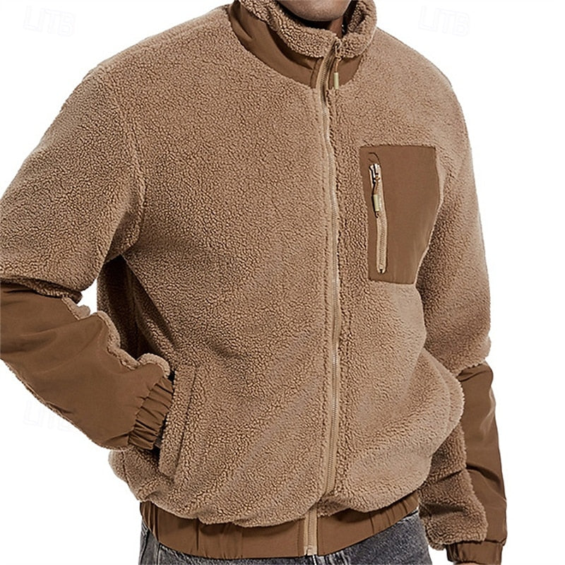 Fleece Jacket Men's Full-Zip Stand Collar Sherpa Coat with Zip Pocket – Casual, Outdoor Warmth