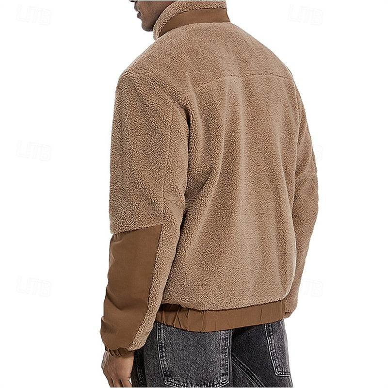 Fleece Jacket Men's Full-Zip Stand Collar Sherpa Coat with Zip Pocket – Casual, Outdoor Warmth