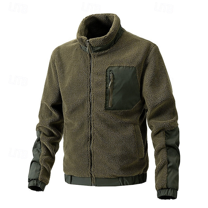 Fleece Jacket Men's Full-Zip Stand Collar Sherpa Coat with Zip Pocket – Casual, Outdoor Warmth