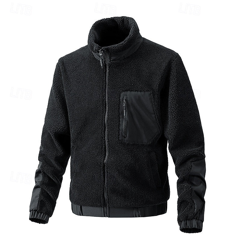 Fleece Jacket Men's Full-Zip Stand Collar Sherpa Coat with Zip Pocket – Casual, Outdoor Warmth