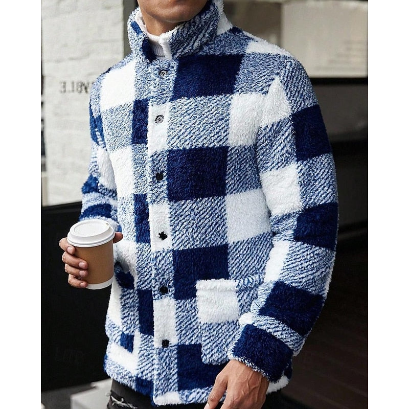 Fleece Jacket Men's Plaid Stand Collar Zip-Up Coat Brown White – Casual, Winter, Office, Gift