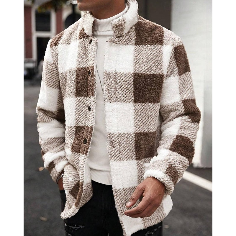 Fleece Jacket Men's Plaid Stand Collar Zip-Up Coat Brown White – Casual, Winter, Office, Gift
