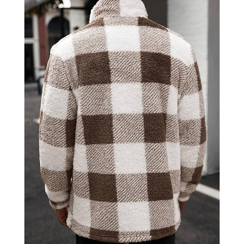 Fleece Jacket Men's Plaid Stand Collar Zip-Up Coat Brown White – Casual, Winter, Office, Gift