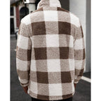 Fleece Jacket Men's Plaid Stand Collar Zip-Up Coat Brown White – Casual, Winter, Office, Gift