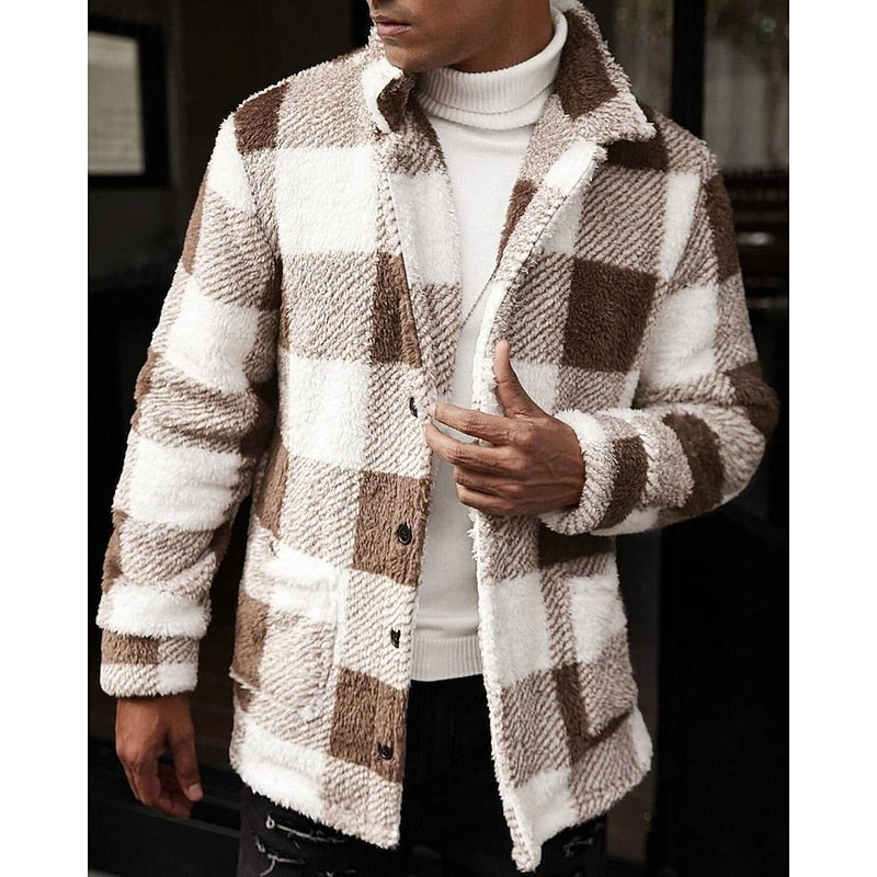 Fleece Jacket Men's Plaid Stand Collar Zip-Up Coat Brown White – Casual, Winter, Office, Gift